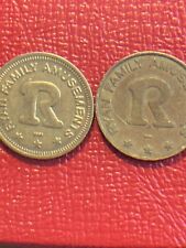 2 VINTAGE (early) RYAN FAMILY AMUSEMENT VIDEO GAME ARCADE TOKENS  BRASS #M-S-3 picture
