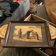 Vintage wooden serving/dining tray with Signed N L Erard artwork/glass picture