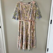 Alex Marie Peach Floral Embroidered Dress Lined Sheer Sleeves Midi Size 14 picture