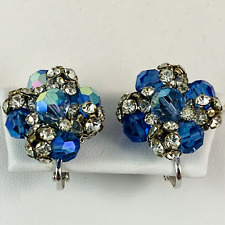 Vintage VENDOME Signed Blue Crystal Beaded Rhinestone Adjustable Clip Earrings picture