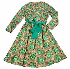 Vintage Green Brown 1960s Floral Tie Waist Flare Midi Dress Size 18 XL picture