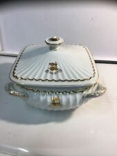 Porcelain Serving Covered Dish With Bull Crest Un Dieu Un  Roy, Gold Highlights picture