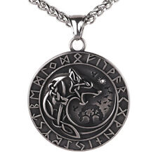 Men's Vintage Stainless Steel Nordic Viking Runes Wolf Pendant Necklace Amulet picture