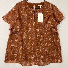 New Como Blu Brown/Tan Floral Ruffle Sleeve Casual Top size Large picture