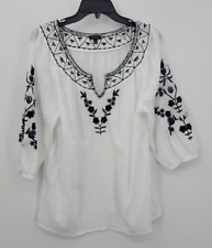 Talbots Top Womens Medium White Black Embroidered Gauze Boho Peasant Blouse picture
