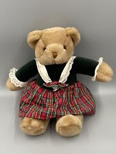 VTG 1990 Commonwealth Stuffed Teddy Bear 15” Plush In Christmas Plaid Dress picture