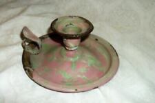 1905 FRENCH GRANITEWARE ENAMELWARE CHAMBERSTICK PINK GREEN SWIRL MARBLED RUSTY picture