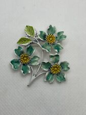 Vintage Enamel Brooch Teal Flowers Green Leaves White Stems Bouquet Whimsical picture