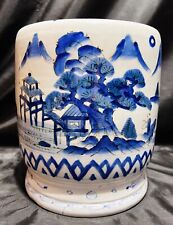 Antique 8.5” Meiji Period Blue & White Japanese Planter / Hibachi Pot W/ Pagodas picture