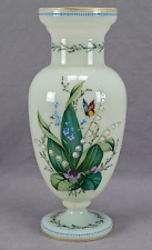 Harrach Bohemian Hand Enameled Butterfly Floral Uranium Opaline Glass Vase picture
