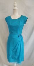 60s Vintage Turquoise Cocktail Dress Boat Neck Bow Detail Crepe Overlay Sz S picture