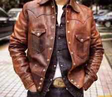 Men's Genuine Lambskin Leather Jacket Shirt DISTRESS BROWN VINTAGE Biker F1 picture