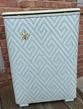 Shabby Chic Cottage Vintage Blue Wicker Laundry Hamper 60's Retro Gold Emblem picture