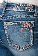 Grace in LA Women's Floral Embellish Embroidered Skinny Fit Stretch Jeans picture