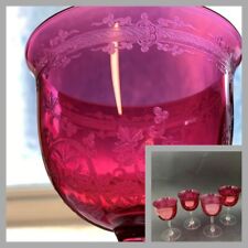 1900's ANTIQUE set of 4 cranberry and clear CRYSTAL wine glasses finely engraved picture