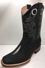 Mens Stingray Cowboy Boots Print Leather Black Square Toe Bota Mantarraya Negra picture