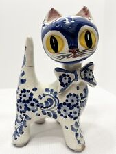 VTG Signed Italian Ceramic Terra Cota Blue and White Glazed Cat with Bowtie 9