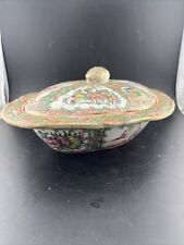 Antique 1870s Chinese Hand Painted Porcelain Rose Medallion Oval Bowl A++ picture