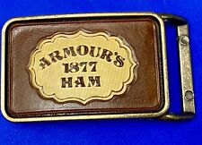 Vintage ARMOUR’S 1877 HAM leather and brass tone advertising belt buckle picture