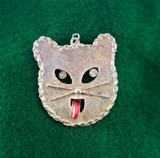 VTG Gold Tone Cat Face Pendant Medallion Articulated Rhinestone Eyes 70s 2x2 3/8 picture