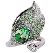 Handmade Huge Leaf Design Vivid 1.94CT Green Emerald & White 0.9CT Diamonds Ring picture