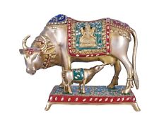 Whitewhale Brass Kamdhenu Cow With Calf Statue Stonework, Holy Cow Idol. picture