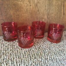 Vintage Cranberry Glasses Etched Grape & Leaf Red Flash Glass MCM Cocktail Set 4 picture