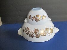 Pyrex GOLDEN GRAPES Mixing Bowl 444 & 441 Gold on White  Delphite Blue Inside picture