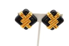 Vintage Clip On Earrings Gold Tone Black V4 picture
