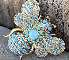 Vintage Signed Bee Insect Bug Brooch Pin Aqua Blue Resin Rhinestone Gold Tone US picture