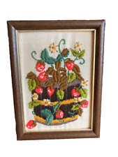 Vintage Needlework Strawberries Flowers Yarn Crewel Wood Frame Wall Art 1970s picture