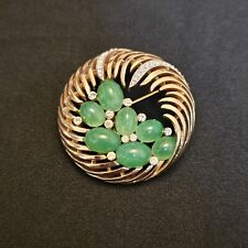 Vintage Trifari Gold Tone Green Cabochons & Clear Rhinestones Brooch 1950s RARE picture