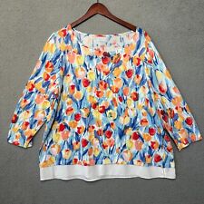 Talbots Top Women 2X Plus Blue Knit Floral Pullover Stretch Watercolor Spring picture