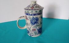 Ceramic Tea Cup Infuser Oriental Style Steep Brew Blue Red Flowers 7