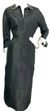 Vintage 30's Dress Taffeta Wiggle Midi Side Zip Beaded Collar Cuffs Black S VGUC picture