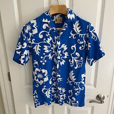 Vintage Polynesian Bazaar Hawaiian Aloha Shirt Men S Blue Floral USA Made 1960s picture