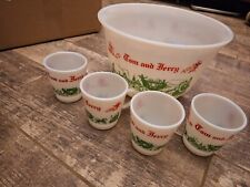 Vintage hazel Atlas Tom and Jerry Punch bowl set 4 Mugs Egg Nog Christmas  picture