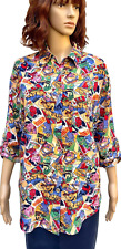 Vtg 90s SK Wear Women's Colorful French Posters Roll Tab Sleeve Shirt/Blouse  M picture