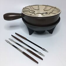 Vintage Le Creuset Fondue Pot Burner 4 Forks Brown Cast Iron Enamel 3.5 Qt Fondu picture