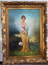 Very large oil on canvas painting - A beautiful lady with apples- ornate frame picture