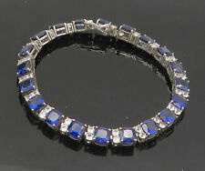 925 Sterling Silver - Vintage Sapphire & Topaz Shiny Chain Bracelet - BT8477 picture