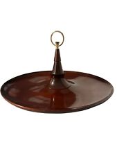 Vintage Retro 1960s Walnut Wood Center Brass Handle Candy Nut Snack Dish Tray picture