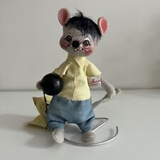 Vintage 1973 Annalee Bowling Mouse Gray Doll Yellow Blue Outfit Wire Stand + Tag picture