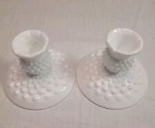 Vintage Fenton Pair Of White Milk Glass Hobnail Candle Holders picture