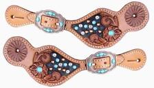Showman Ladies Leather Spur Straps w/ Floral Tooling & Turquoise Stones picture