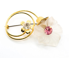 Frosted glass la lique style molded flower vintage brooch with pink rhinestone a picture