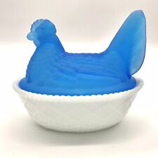 Vtg Westmoreland Deep Frosted Blue Glass Hen on White Milk Glass Nest Candy Dish picture