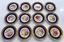 Set of 12 Antique Copeland Spode Hand Painted Cabinet Plates w Roses and Cobalt picture