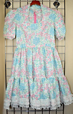 Dress VTG 50s 60s Soft White Turquoise Pink Lace Trim Full Skirt Sz S/M picture