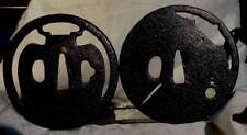 Set of 2 Tsuba Japanese Sword Guard Tea Urn & Umbrella Engraved Openwork Japan picture